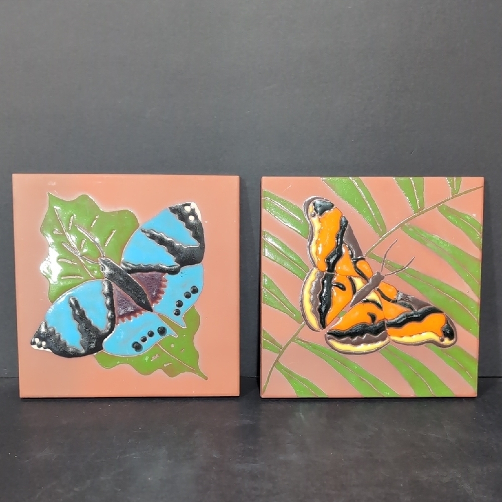 H&R Johnson Set of 2 Ceramic Hand-painted Tiles with Butterfly Design.